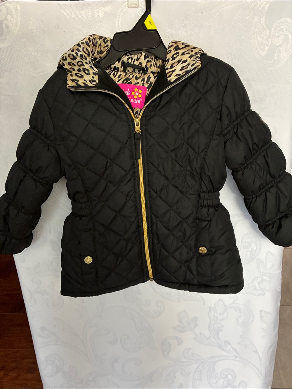 Pink Platinum Black Quilted Puffer Jacket with Leopard Hood